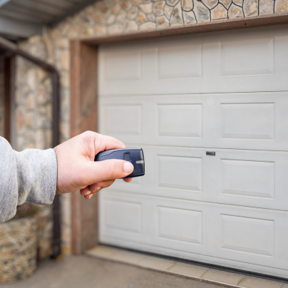 Denver security key fob pointing to a garage door