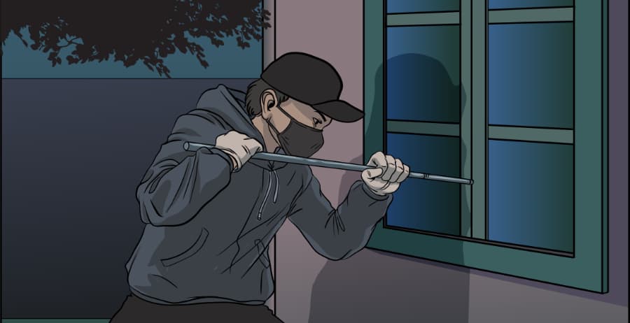 Illustration of burglar forcing entry through a window in Denver